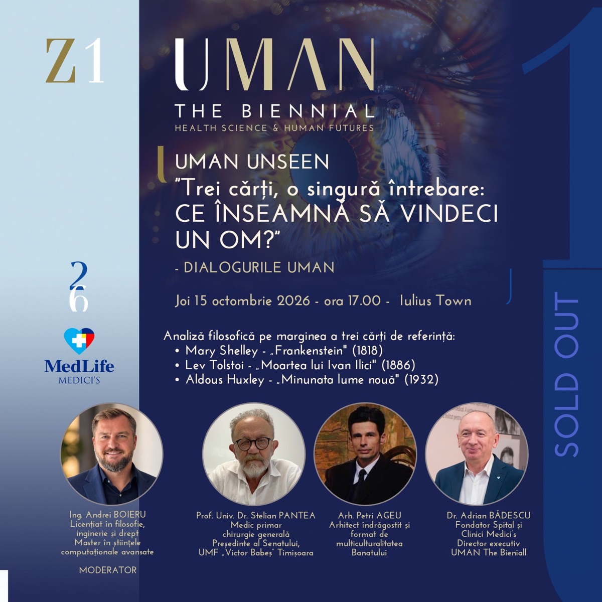 Afiș: UMAN Unseen — „Trei cărți, o singură întrebare: ce înseamnă să vindeci un om?”, joi 15 octombrie 2026, ora 17:00, Iulius Town