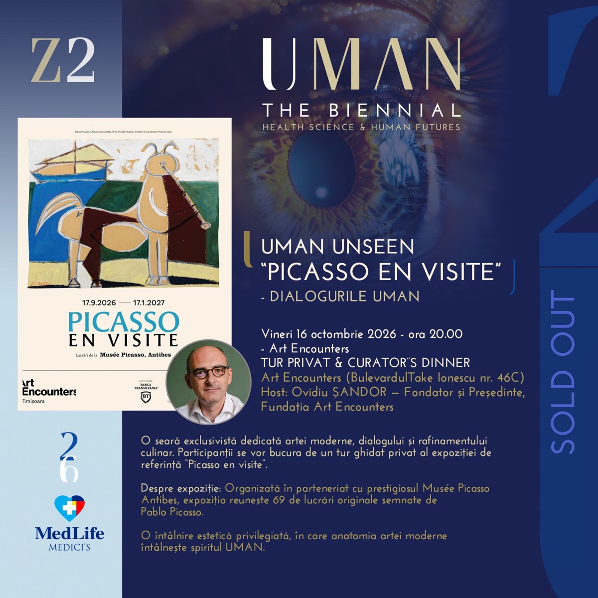 Afiș: UMAN Unseen — „Picasso en Visite”, vineri 16 octombrie 2026, ora 20:00, Art Encounters, tur privat și Curator’s Dinner