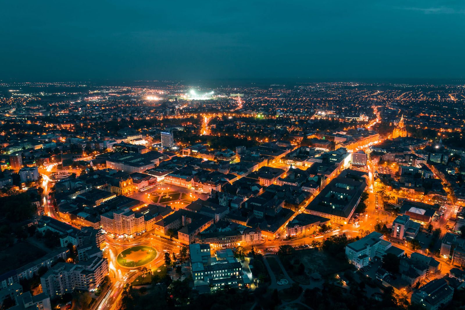 Timișoara, aerial night view of the old town